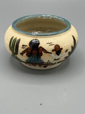 MENA Signed Mexican Folk Art Pottery Bowl Hand Painted Cactus Southwestern